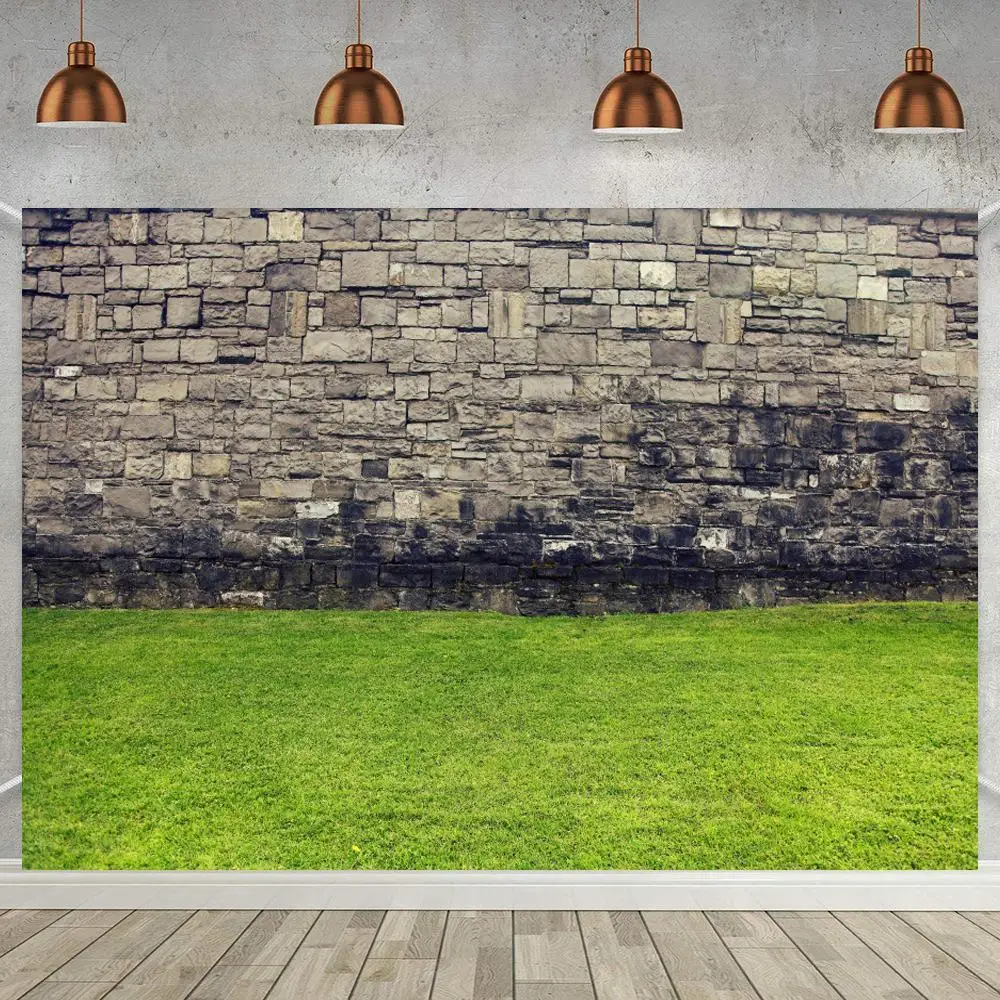 

Фон для детской портретной фотосъемки с изображением зеленой травы, пола, больших скал, старого города, кирпичной стены