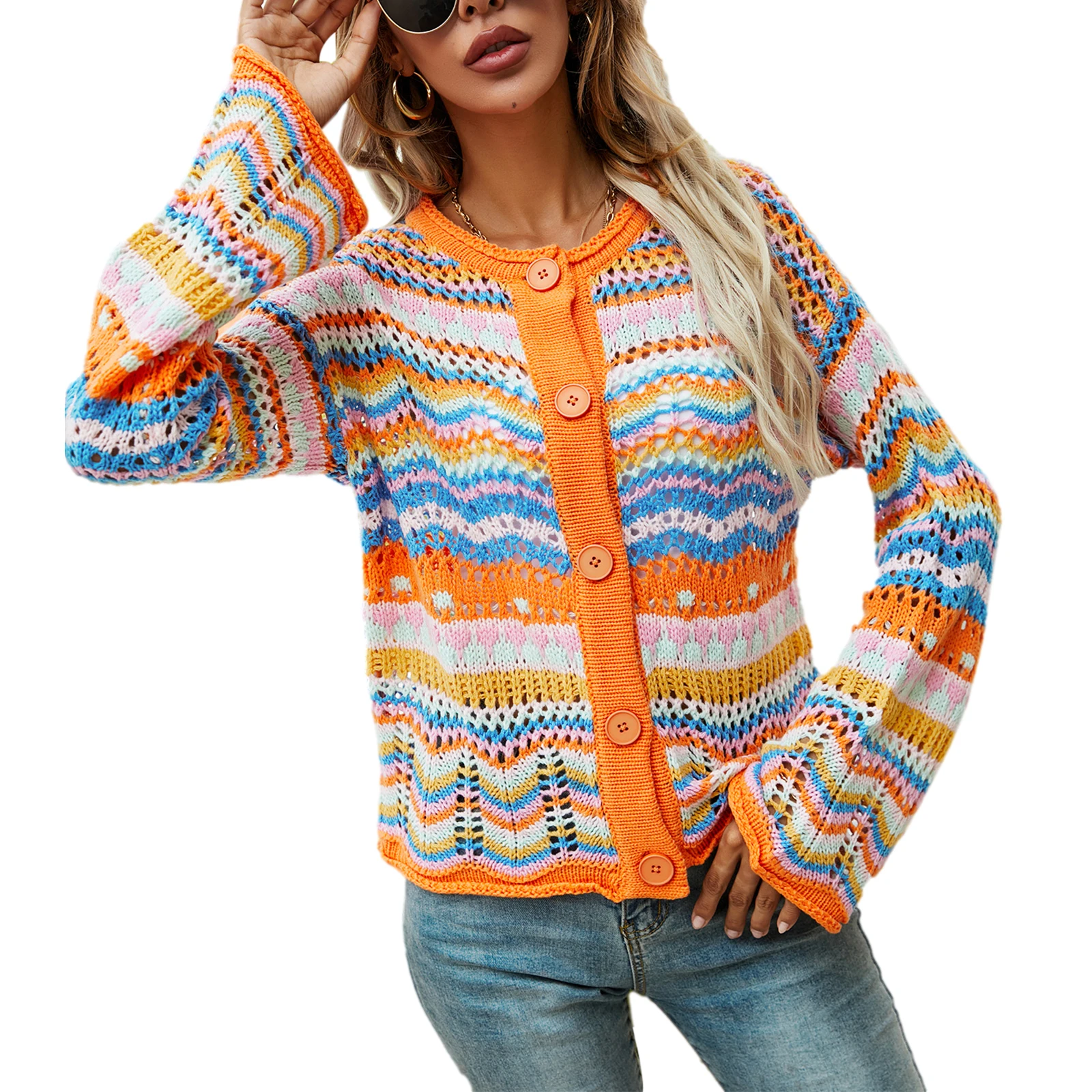 

Женская трикотажная одежда, полосатый кардиган на пуговицах с длинным рукавом, вязаные топы для весны и осени, S/M/L/XL