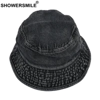 showersmile black bucket hat womens denim solid vintage fisherman hat korean unisex spring summer traveling hiking cap