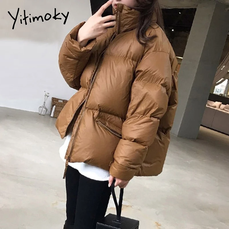 

Женская хлопковая куртка Yitimoky, короткое пальто черного, цвета хаки на молнии, теплая однотонная верхняя одежда, пуховая одежда, зима 2021
