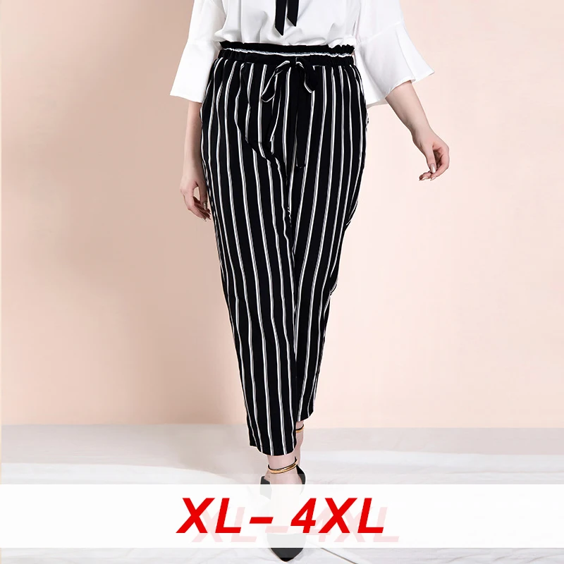 

2020 Black Office Lady Striped Plus Size Cropped Pant Women Elastic Waist Belted OL Pencil Trouser Woman Tapered Carrot Pant