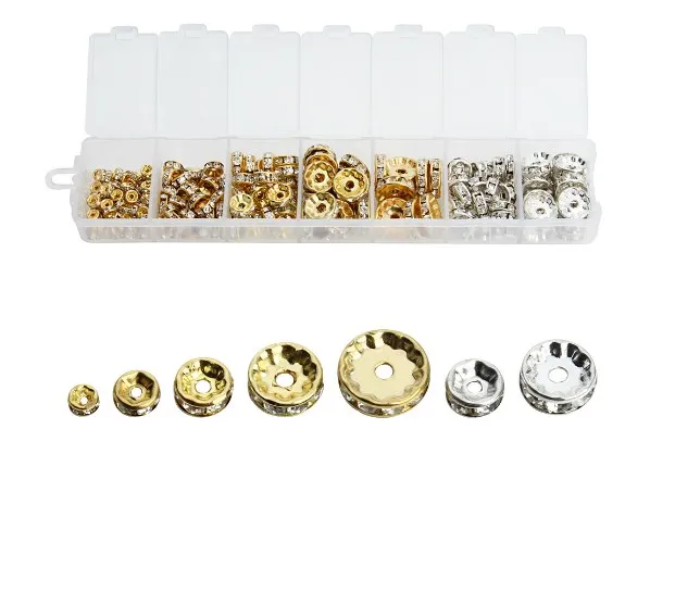 

4 6 8 10 12mm mix size silver Gold Rhinestone Rondelles Crystal Bead Loose Spacer Beads for DIY Jewelry Making Accessories box