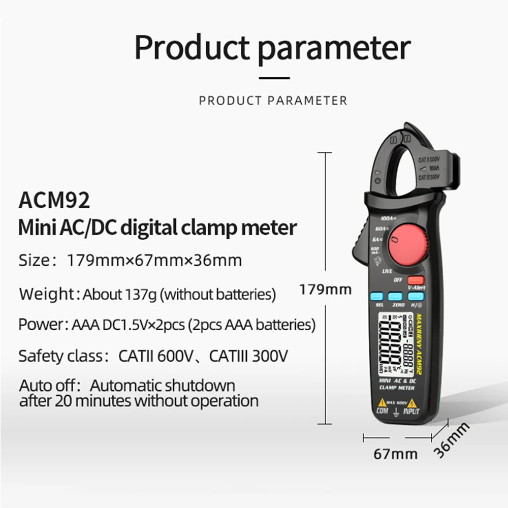 

MAXRIEN ACM92 0.1mA DC/AC Clamp Meter True RMS 6000 Counts Portable Auto Ranging Multimeter Amp Voltage Frequency Live Check NCV