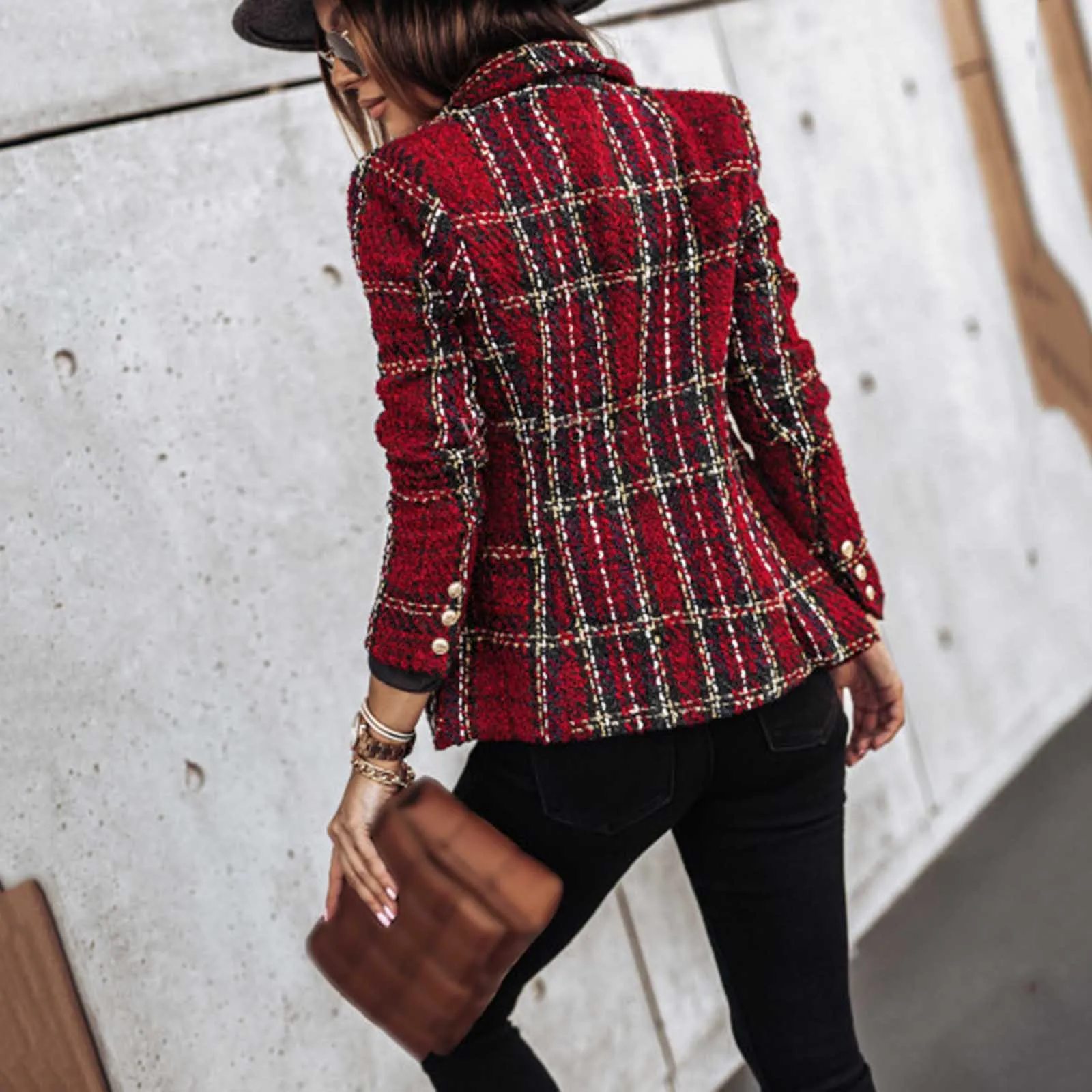 

Women Plaid Check Satin Jacket Formal Cardigan Pocket Work Office Suit Coat Cardigan Hooded Jackets Work Office Suit Coat