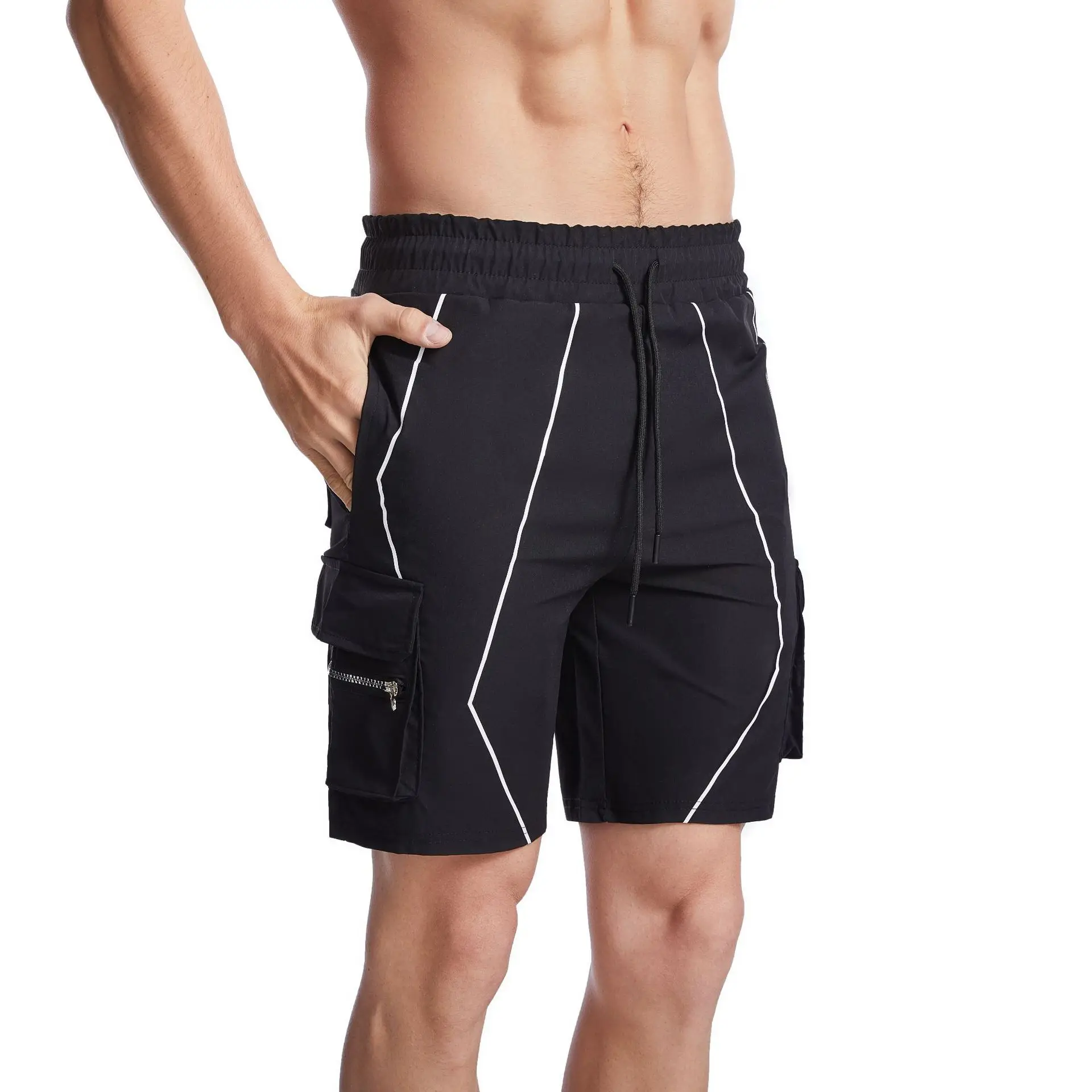 

Amazon foreign trade new reflective strip tooling shorts casual sports multi-pocket printing strip five-point shorts night run