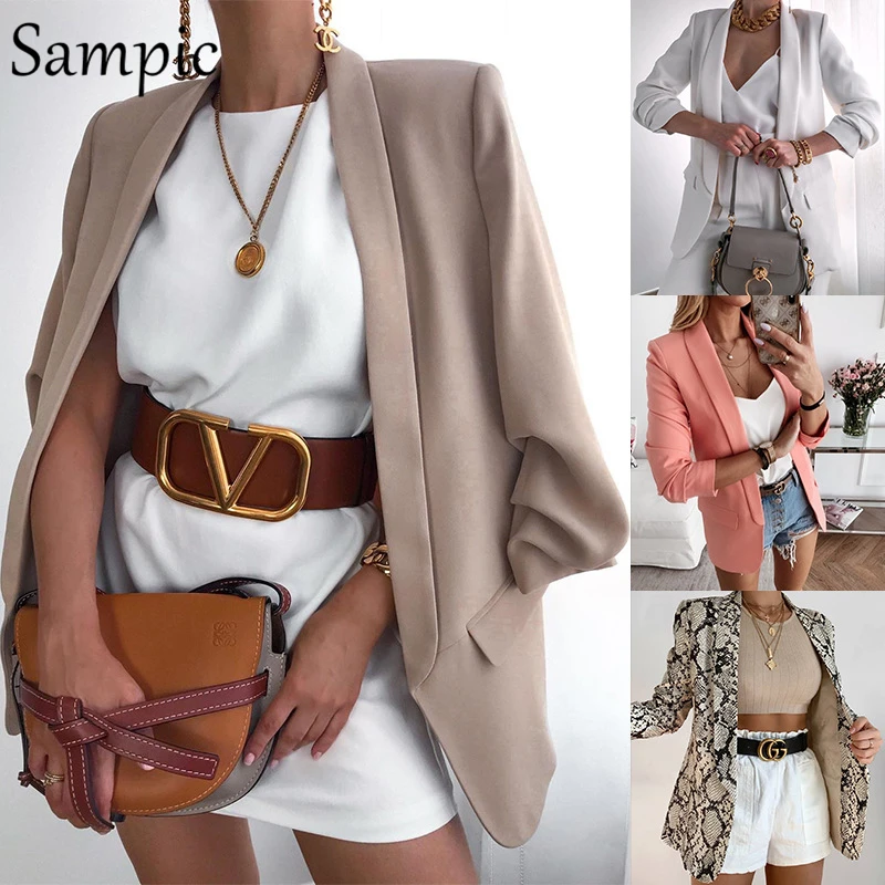 

Sampic 2020 Khaki White Oversized Long Sleeve Ladies Turn Down Collar Blazer Women Loose Long Office Blazer Winter Jacket Coat