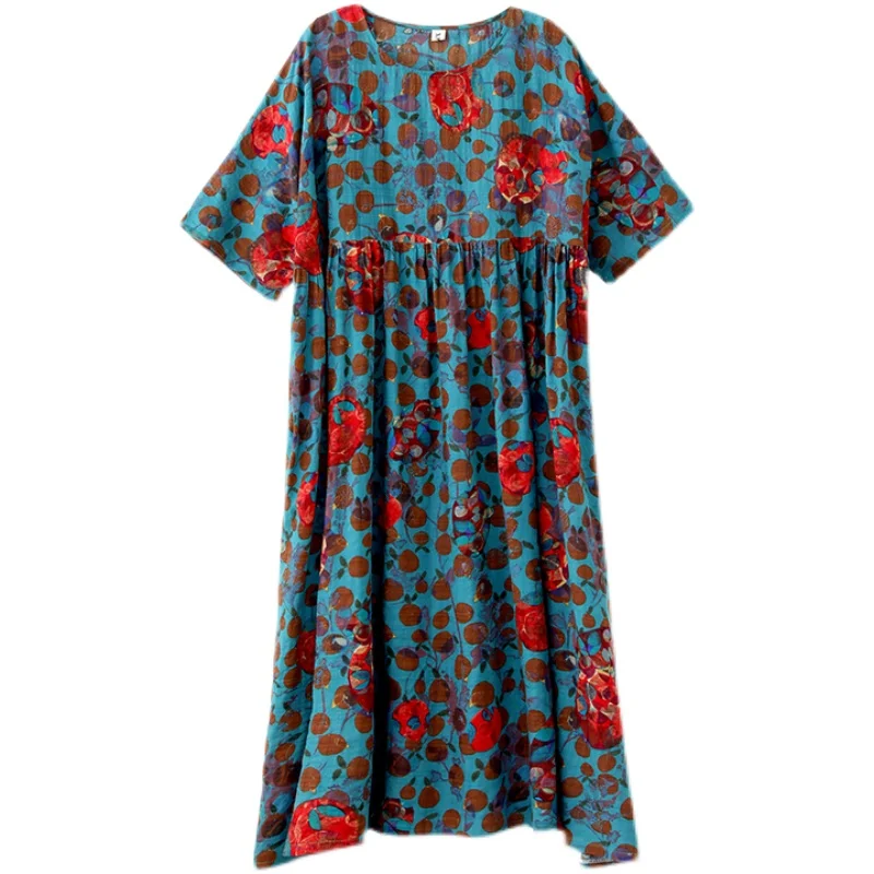 

BIG SIZE Summer Women Fashion Elegant Dots Print Tops Ladies Female Plus Large Long Casual Loose Ruffles Drapped Cotton Dress