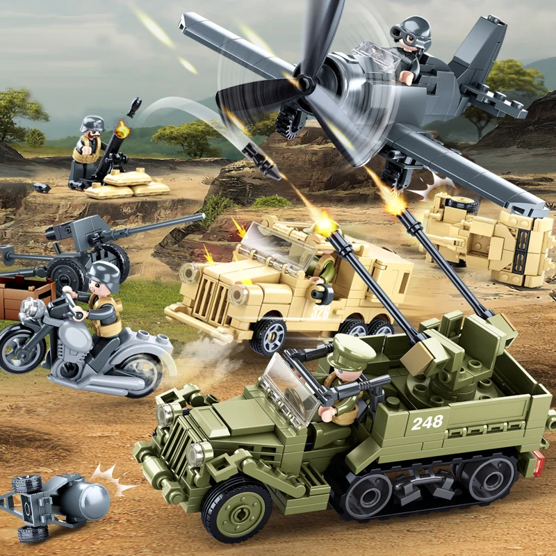 

Военная серия WW2, самолет, истребитель, армейский танк, бронированная машина, пушка, трактор, строительный блок, игрушки для детей