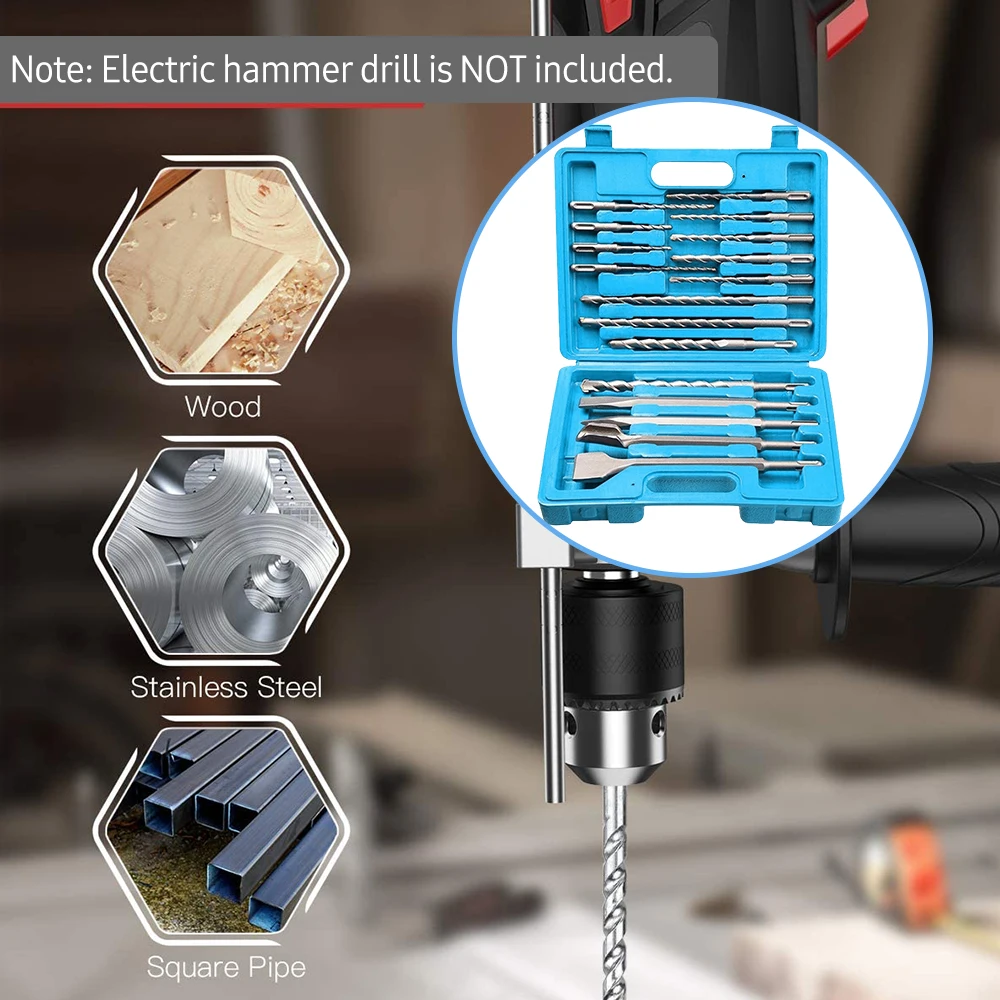 

17 PCS Rotary Hammer Drill Bits and Chisels Kit with Carry Box High Speed Steel Electric Hammer Bit Concrete Hole Drilling Tool