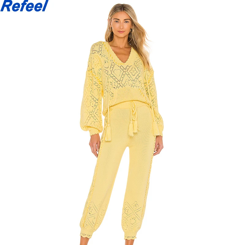 

England Vintage Fashion Solid Hollow Out Embroidery Hooded Sweaters Women Pullovers Ruffles Knitted Harem Pants Sets