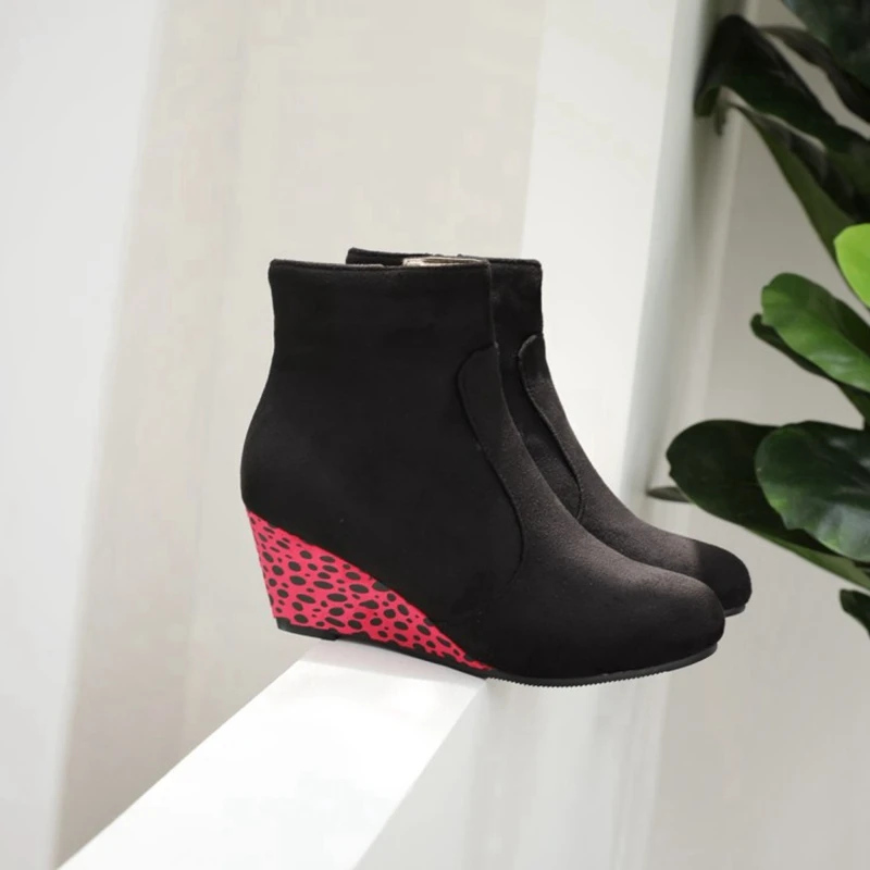 

REAVECAT Spring Autumn fashion Mid-Calf wedge boots Round toe Height Increasing Leopard Flock Zip Big size 34-43 Casual A3158