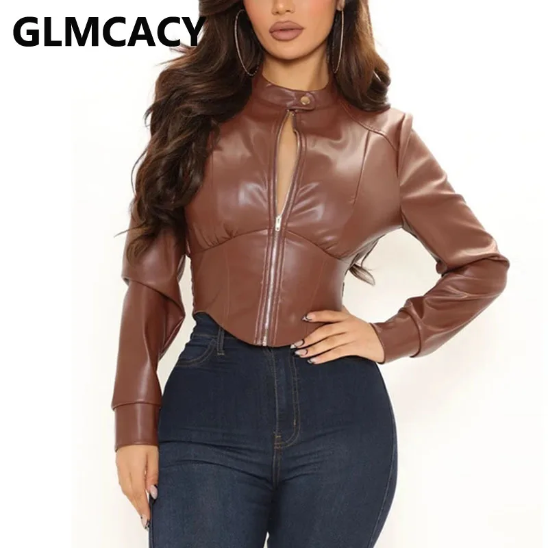 

Women Long Sleeve PU Leather Corset Zip Up Jacket