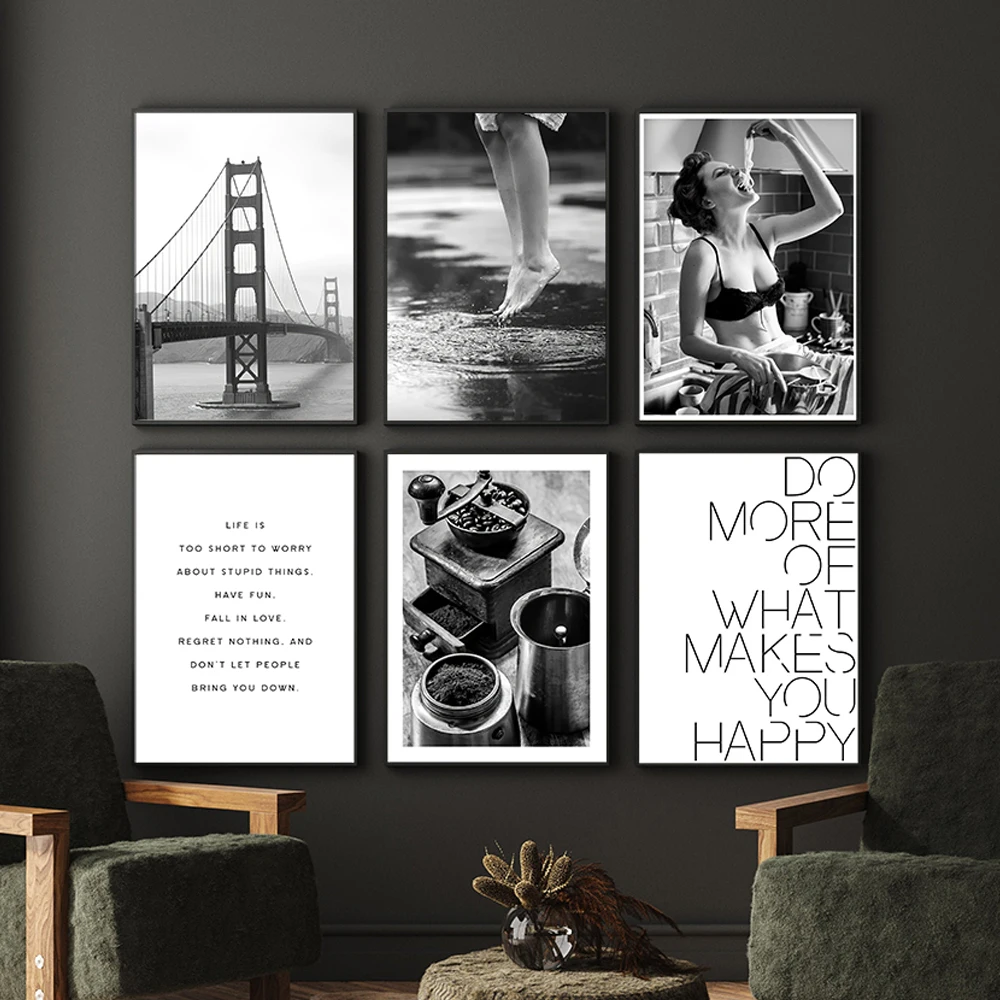 

Black and White Poster Bridge scenery Canvas Painting Sexy woman Art Print Quote Norbic Wall Pictures for Living Room Home Decor