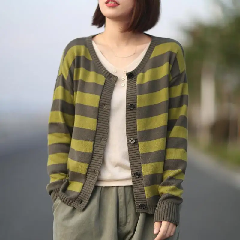Johnature Autumn Women Sweater Striped Cardigan 2019 New Casual Vintage All-match V-neck Single Breasted Knitted |