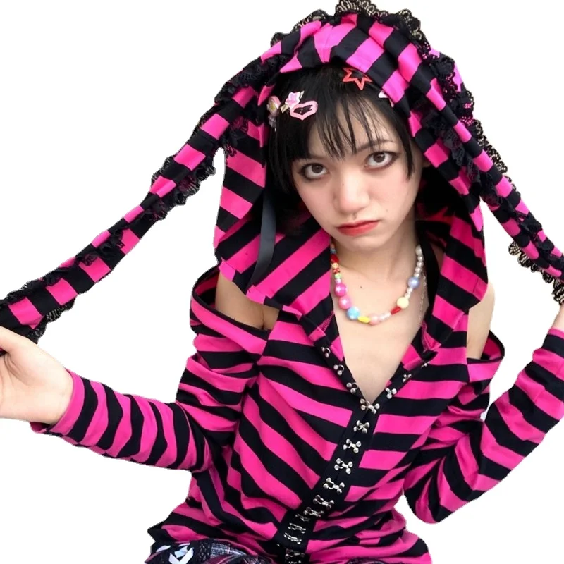 

Pink Black Striped Hoodie 2021 Harajuku Hot Girl Purple T-shirts Japanese Sweet Print Long Sleeve Women Ears Hooded Gothic Punk