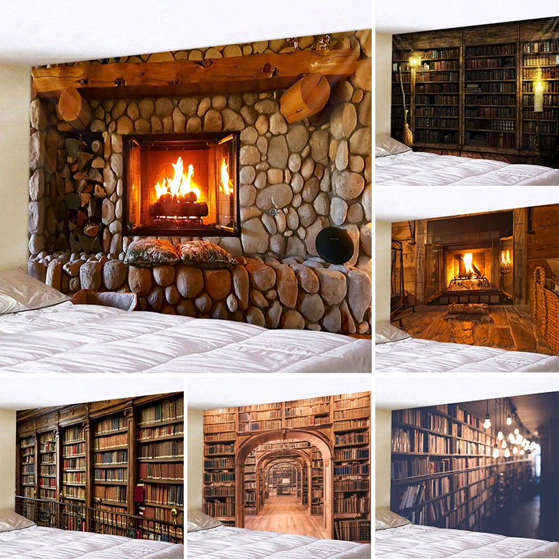 

Magic Retro Bookcase Tapestry Fireplace Wall Hanging Thin Polyester Mysterious Library Art Bedspread Wall Cloth Room Decor