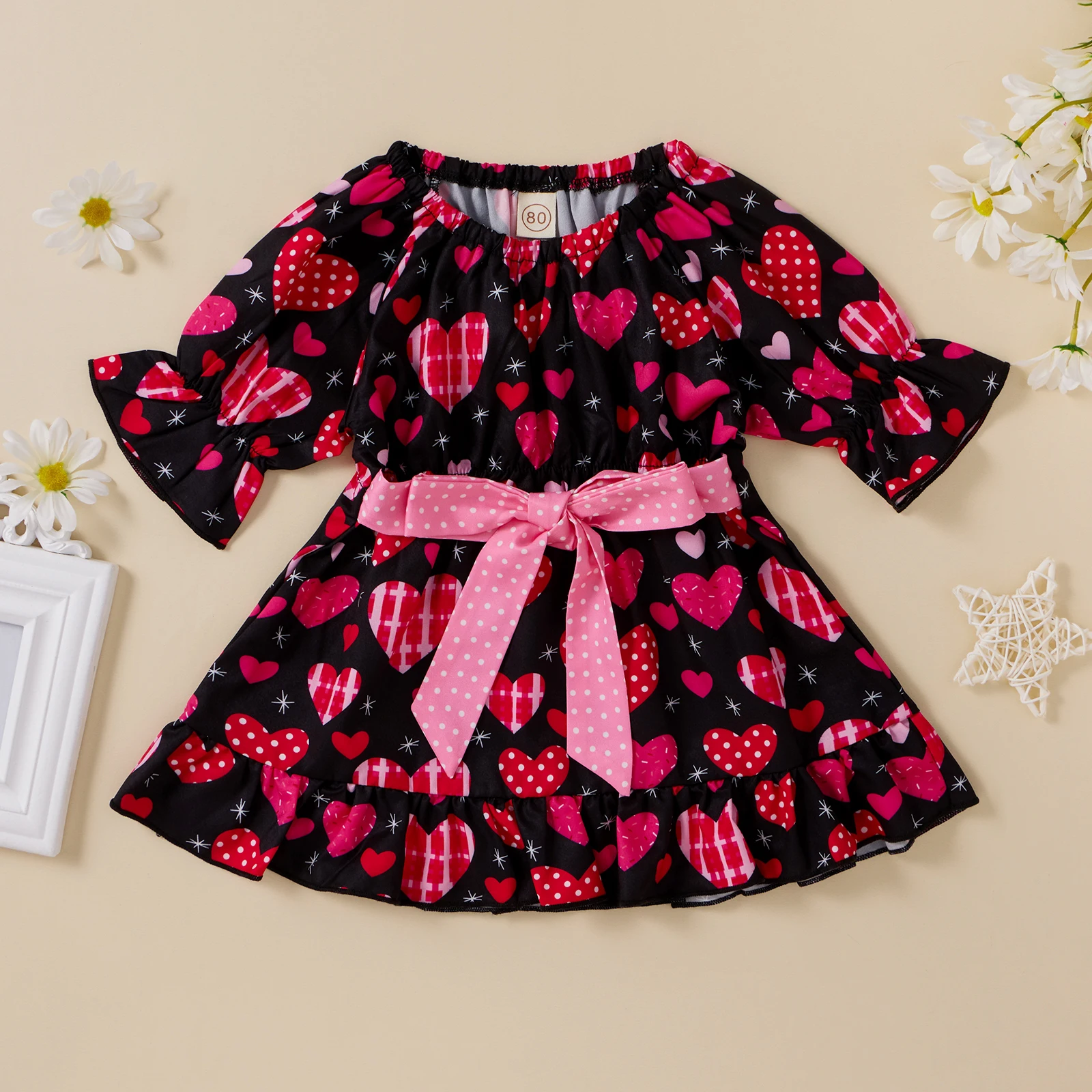 

New Girls Holiday Birthday Party Holiday Dancing Dress Round Neck Heart-Shaped Print Bow Dress Fashionable And Sweet