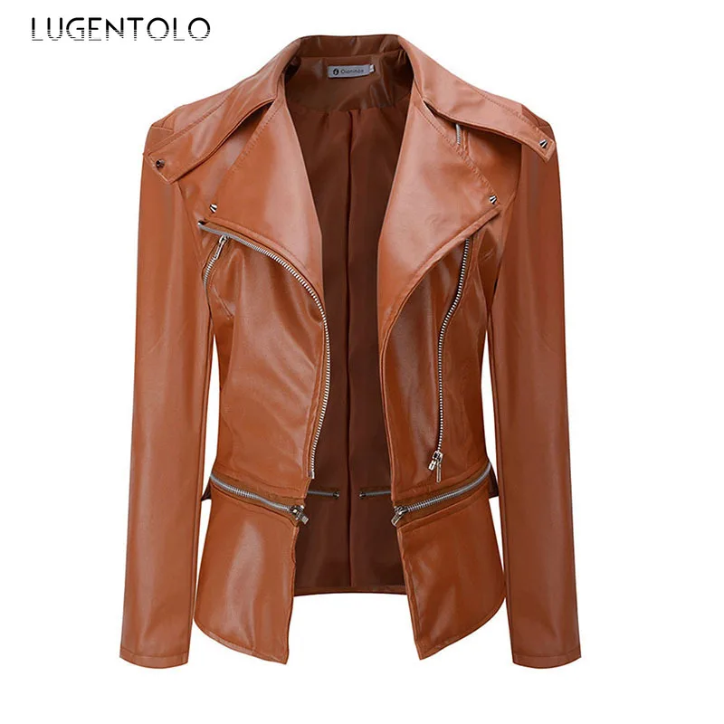 

Moto Faux Leather Women Autumn Spring PU Fashion Slim Jackets Female Casual Solid Lapel Zipper Street Punk Coat Lugentolo