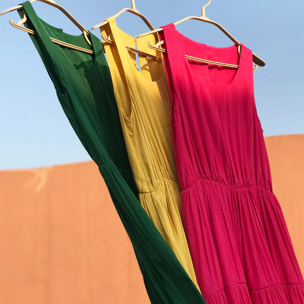 

AIGYPTOS new pleated sleeveless loose dress 2020 summer dress was thin and medium-length red A-line dress suspender yellow dress