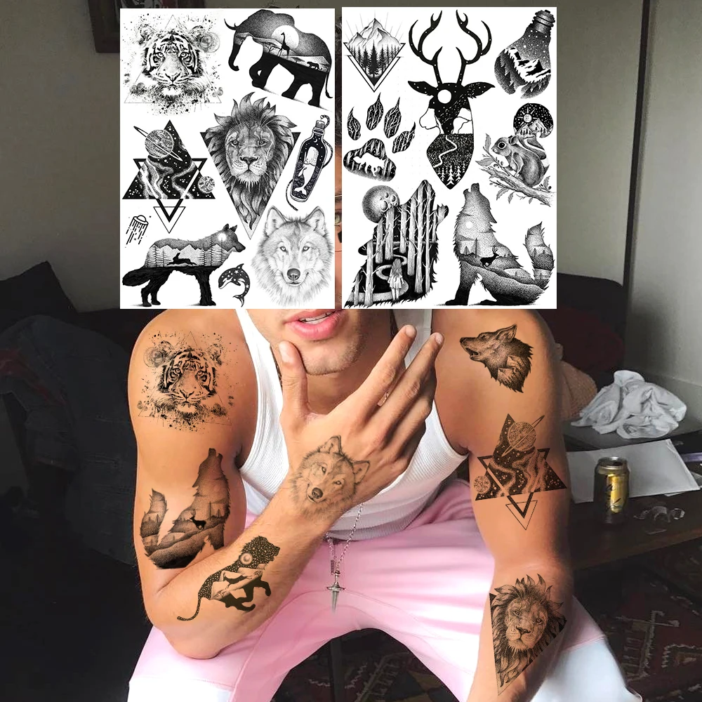 Черные Временные татуировки льва волка для женщин мужчин тигровый лес лося