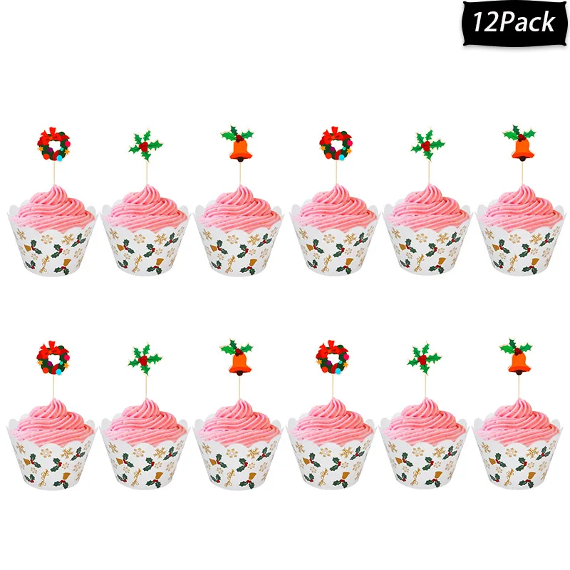 12sets cupcake-A Рождественские обертки для выпечки кексов, новогодние вечерние Декор кекса, украшения для рождественской вечеринки, Санта-торт-снеговик - Цвет: 12sets cupcake-A