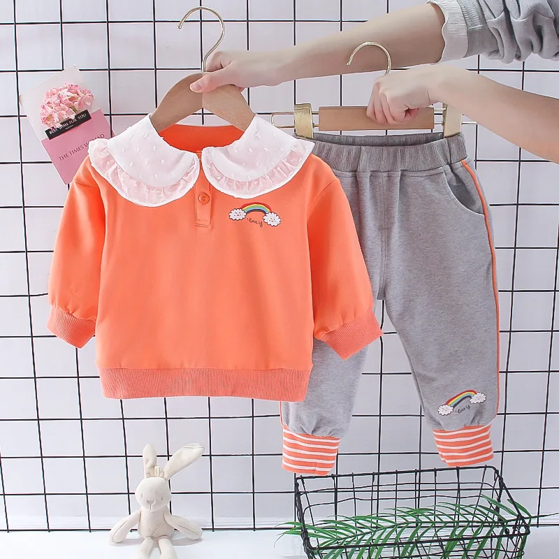 

2021 autumn new girl's sweater rainbow suit girls doll collar lace rainbow pure cotton sports casual sweater two-piece
