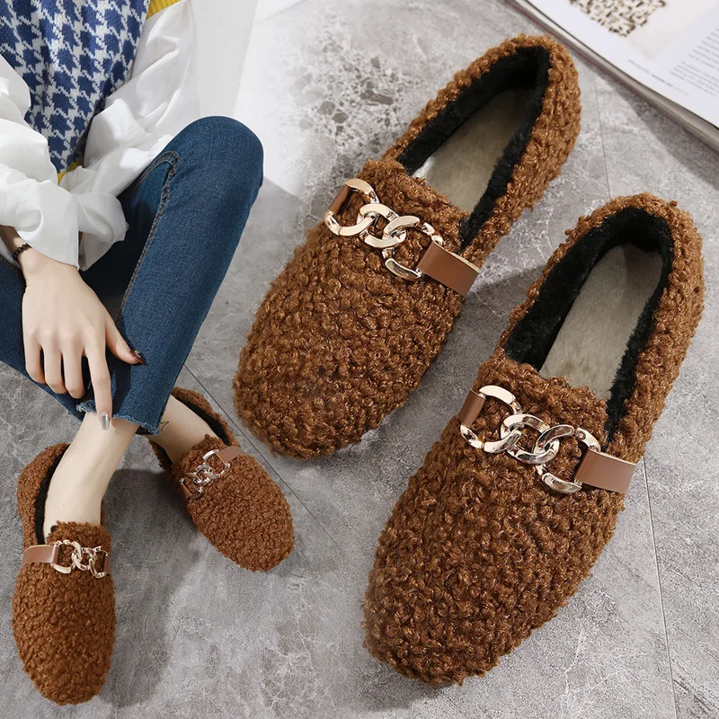 

2021 Trend Winter Women Loafers Plush Slip on Flat Shoes Bow Woman Flats Warm Loafer Wool Casual Shoes Large Size Zapatos Mujer