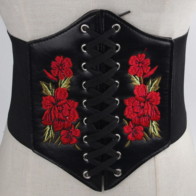 European Elastic Waist Embroidered Flower Belt Women Wide Lace Up Waistband Corset PU Leather Waist Slim Shaped Tied Belts