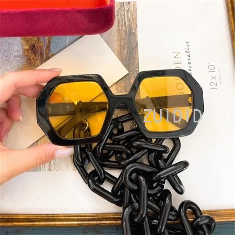 

Модные брендовые Квадратные Солнцезащитные очки, женские винтажные уникальные многоугольные очки с цепочкой, Uv400, женские очки в большой оп...