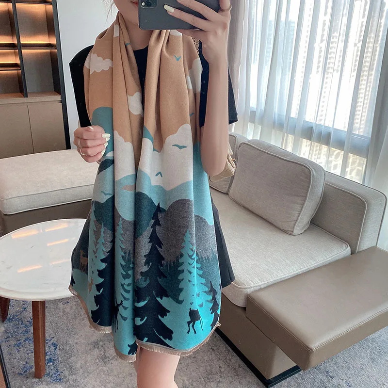 

Imitate Cashmere Long Scarf Unisex Man Women Fashion Forest Mountain Shawl Stole Winter Thick Bandana 180*65cm