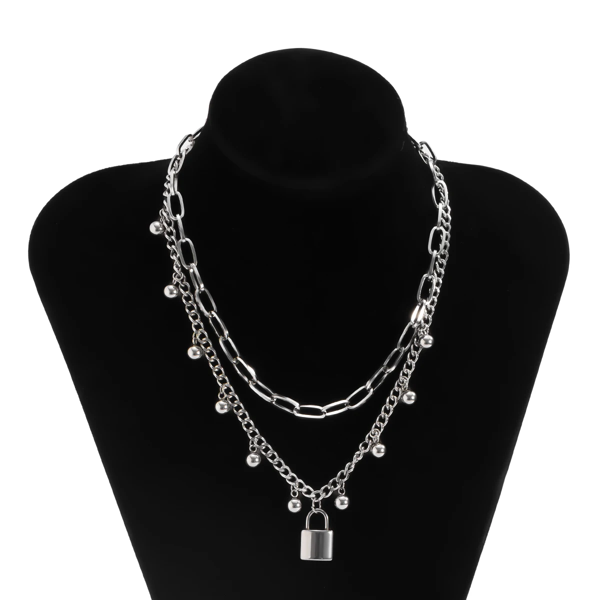 

2Pcs/Set Vintage Stainless Steel Lock Pendant Necklace Women Punk Beads Chain Chokers Goth Necklaces 2021 Neck Jewelry Accessory