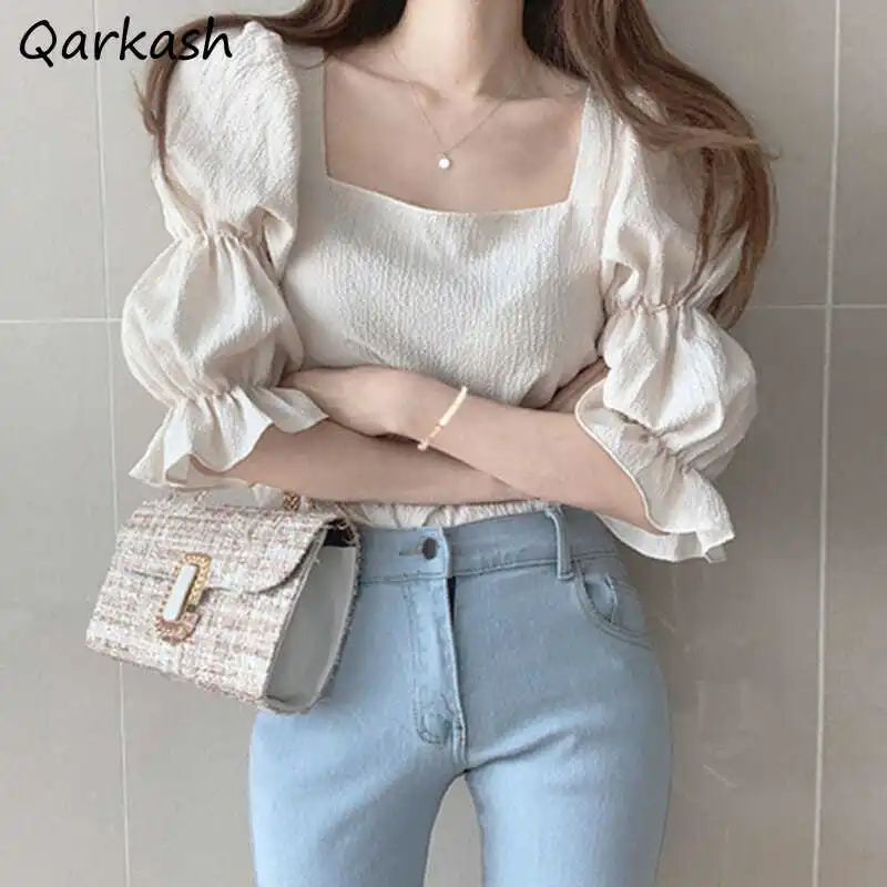 

Blouse Women Korean Elegant Puff Sleeve Square Collar Chiffon Ulzzang Sweet Ladies All-match Street Loose Tops Holiday Maiden