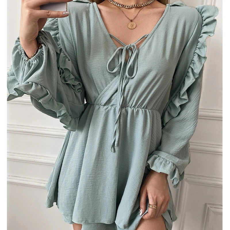 

Комбинезоны Mandylandy женские с V-образным вырезом, пикантные слитные шорты с длинным рукавом, однотонные Свободные Комбинезоны с завышенной та...