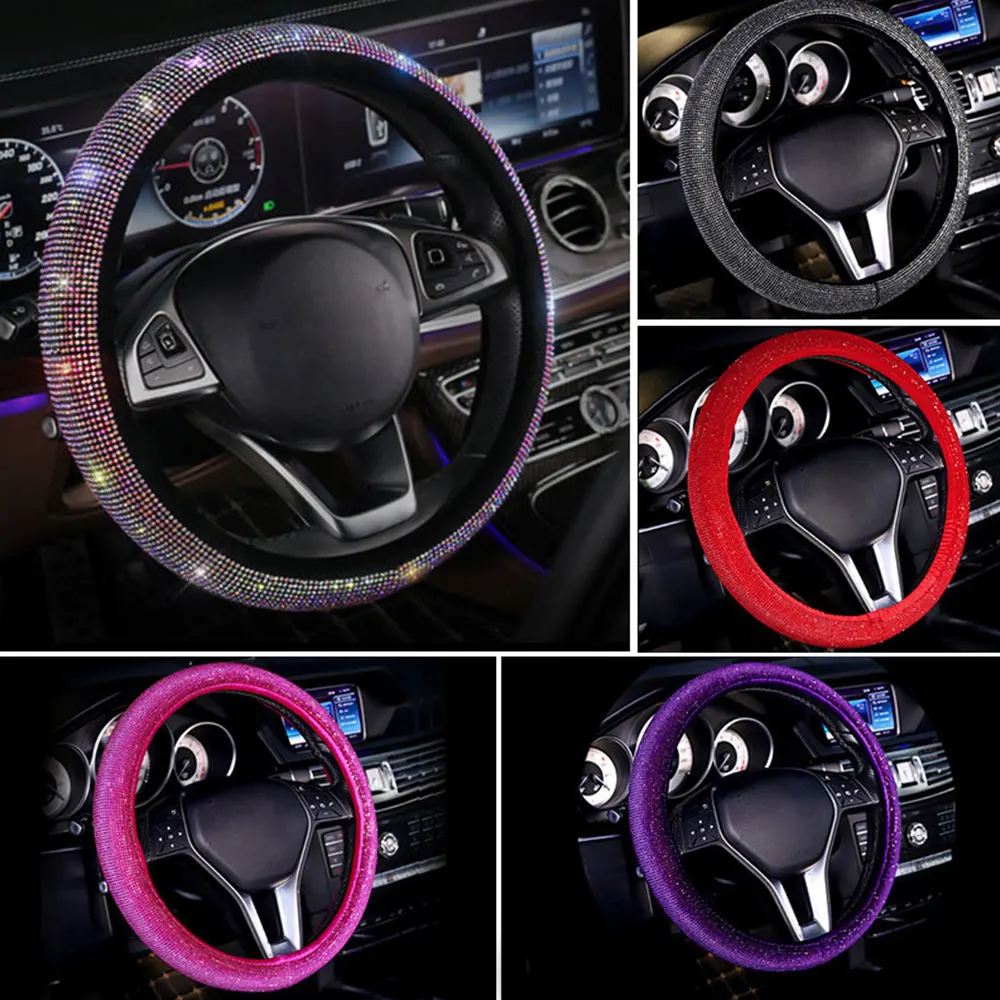 

Car Steering Wheel Cover Shining Rhinestones Crystal Car Steering Wheel Cover Gear Shift Cover PU Leather Steering-Wheel Covers