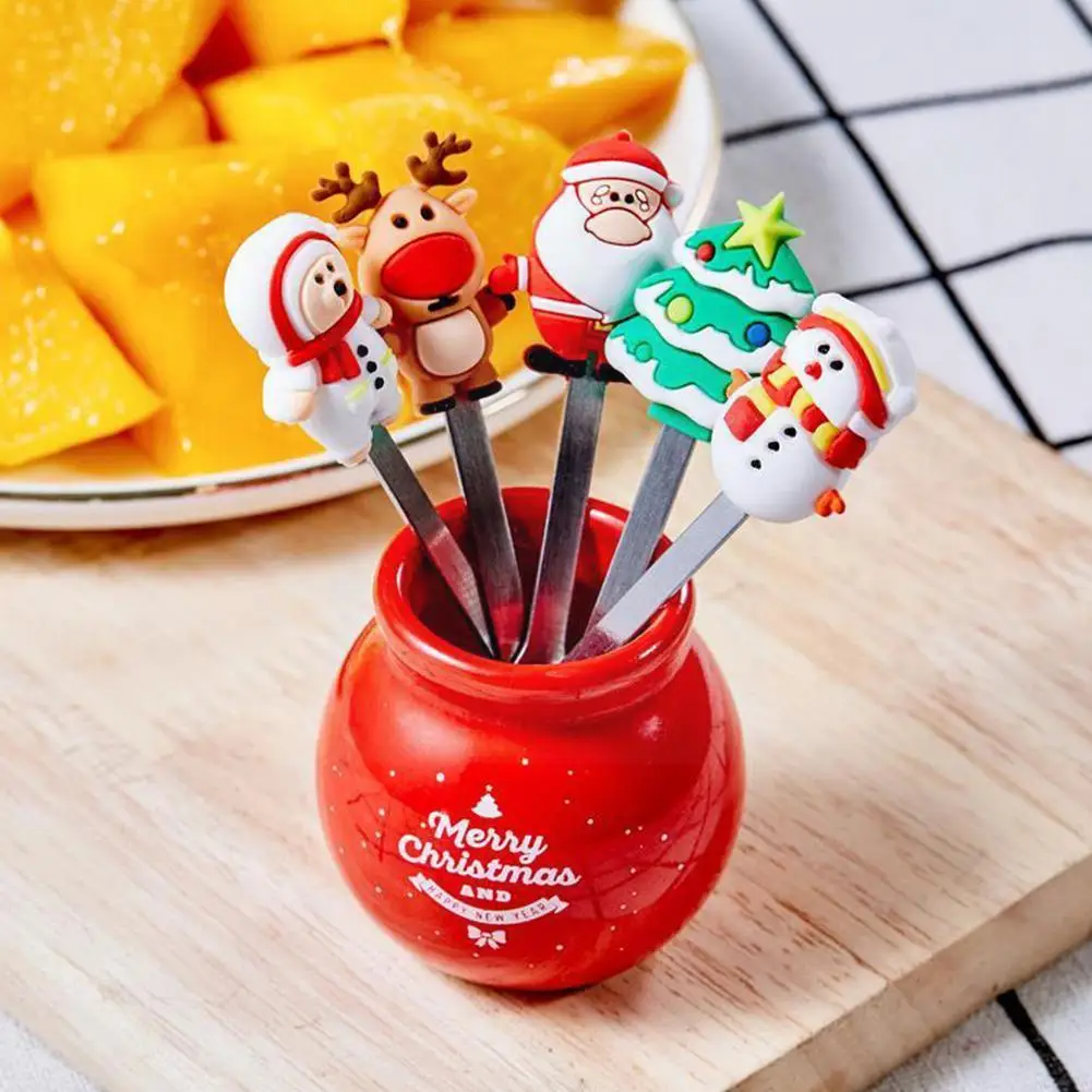 

5Pcs/Set Christmas Fruit Fork Cartoon Santa Claus Salad Stick Dessert For Party Decoration Accessories Vegetable Forks