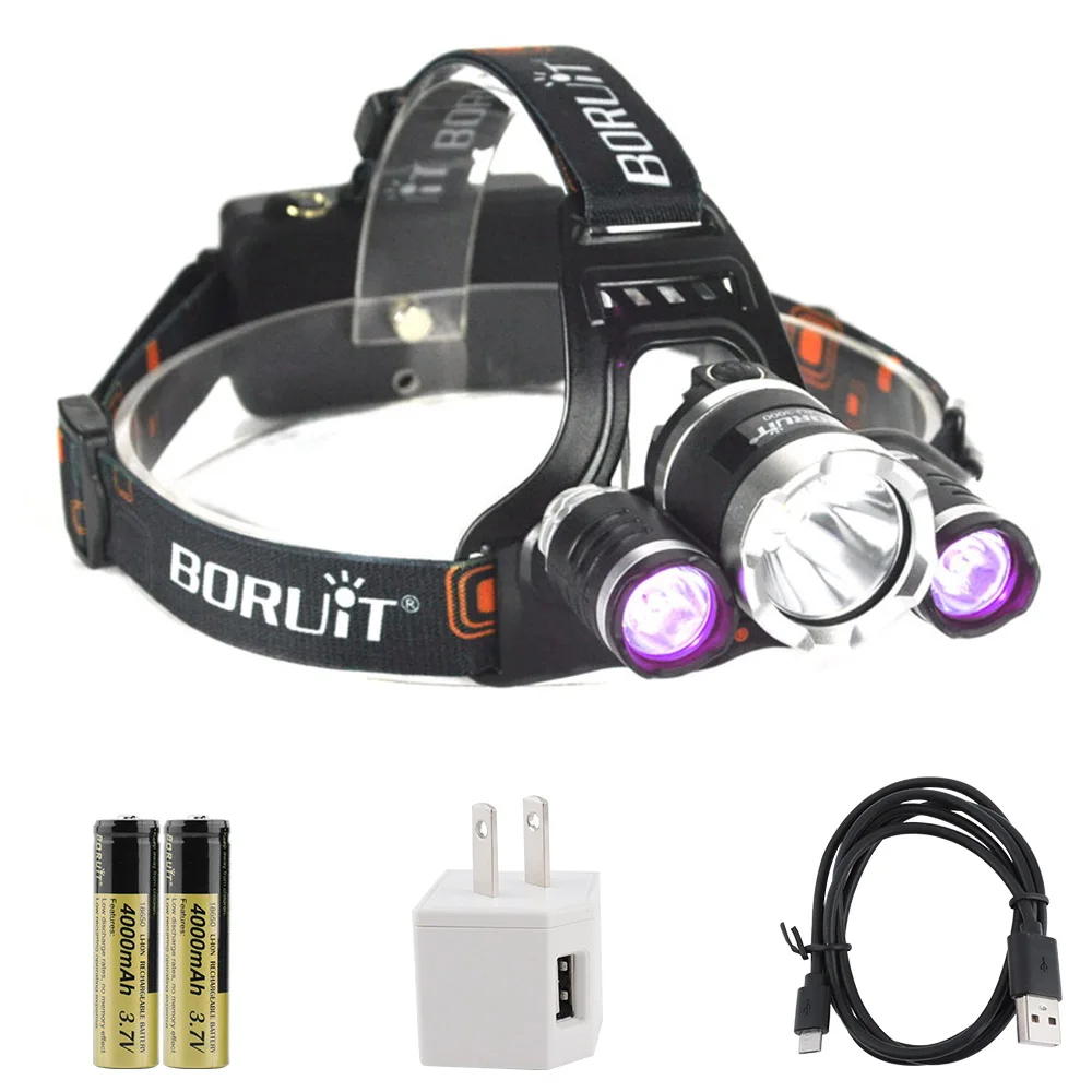BORUIT XML T6 XPE UV светодиодный налобный фонарь 18650 с зарядным устройством USB и аккумулятором, 3 режима, фиолетовый Головной фонарь, фиолетовый детектор, фонарик - Испускаемый цвет: B