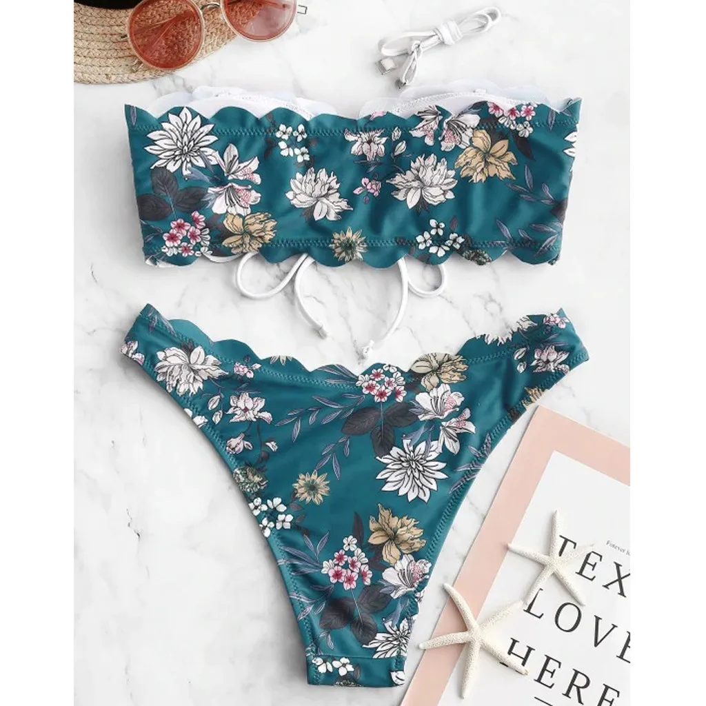 # Z15 комплект бикини-бандо с цветочным принтом купальник зубчатыми шнуровками