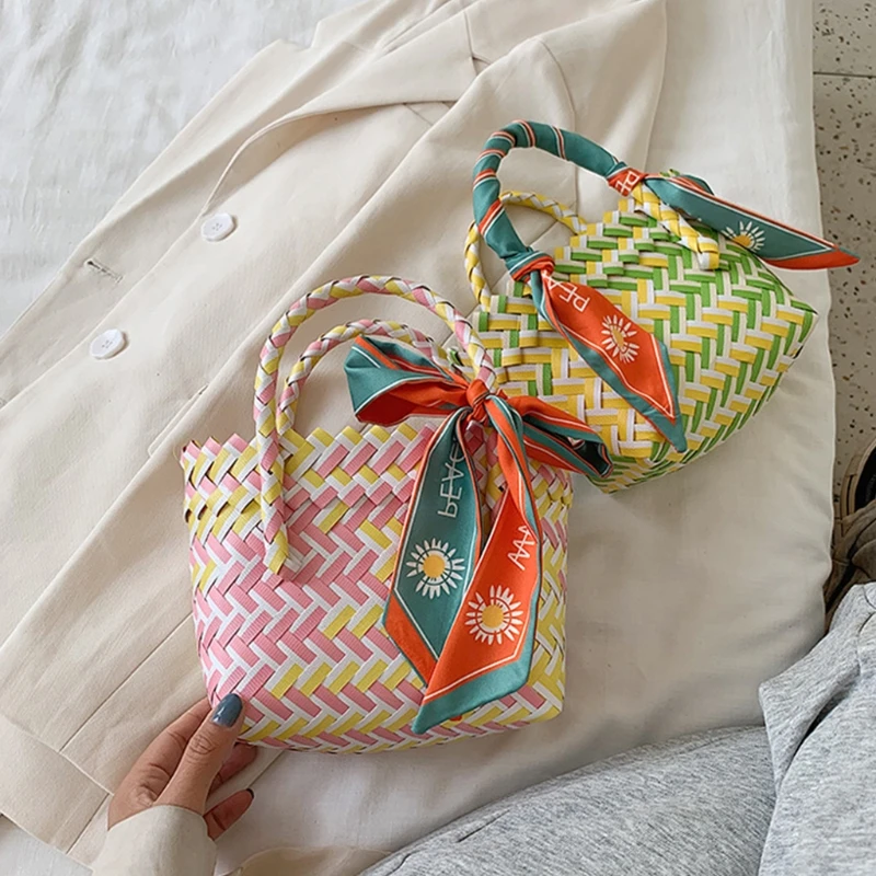 

Bohemian Scarves Rattan Women Handbags Bags For Women 2021 Handmade Wicker Woven Small Tote Summer Beach Baskets Straw Bag Strip