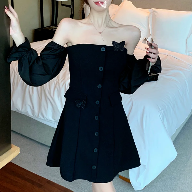 

Sexy Off Shoulder Mini Dress Women Vintage Elegant Gothic Black Party Dress Korean Casual Strapless Chic Prom Y2K Dress Autumn