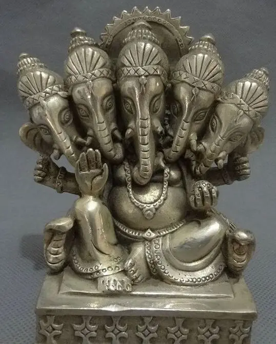 

Tibet Silver Buddhism 5 Head 4 Hand Ganapati Ganesh Ganesha Buddha Lord Statue copper tools wedding Decoration Brass Bronze