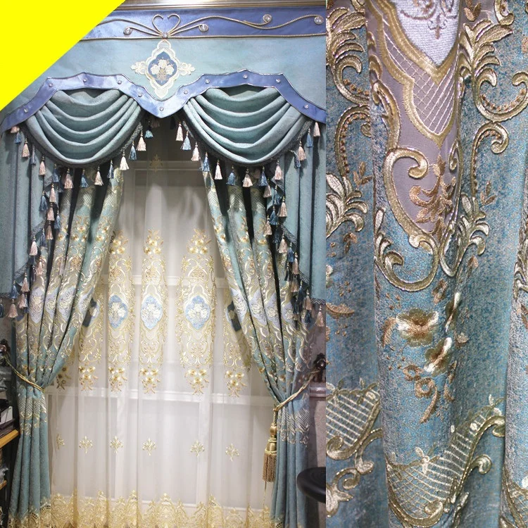 

Blue luxury villa embroidered Blackout Curtains for Living Room Windows high quality chenille Bedroom custom finished Curtain