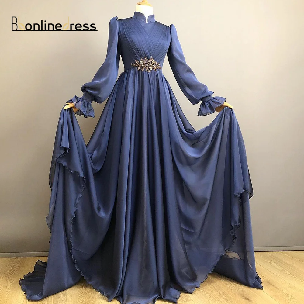 

Blue Evening Dresses Beading Formal Gown Arabic Dubai Muslim Long Sleeves Moroccan Caftan Prom Dress Women Evening Dresses