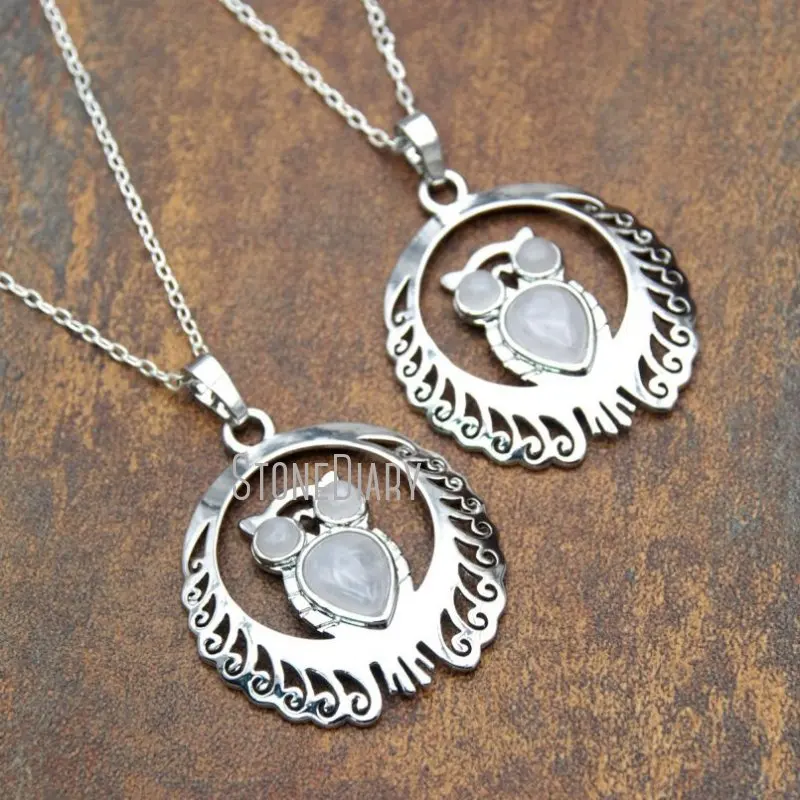 Недорогое ожерелье NM15384 в виде совы с серебряной отделкой из розового кварца 18-32