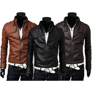 Мужская кожаная куртка с тонким воротником, из ПУ кожи