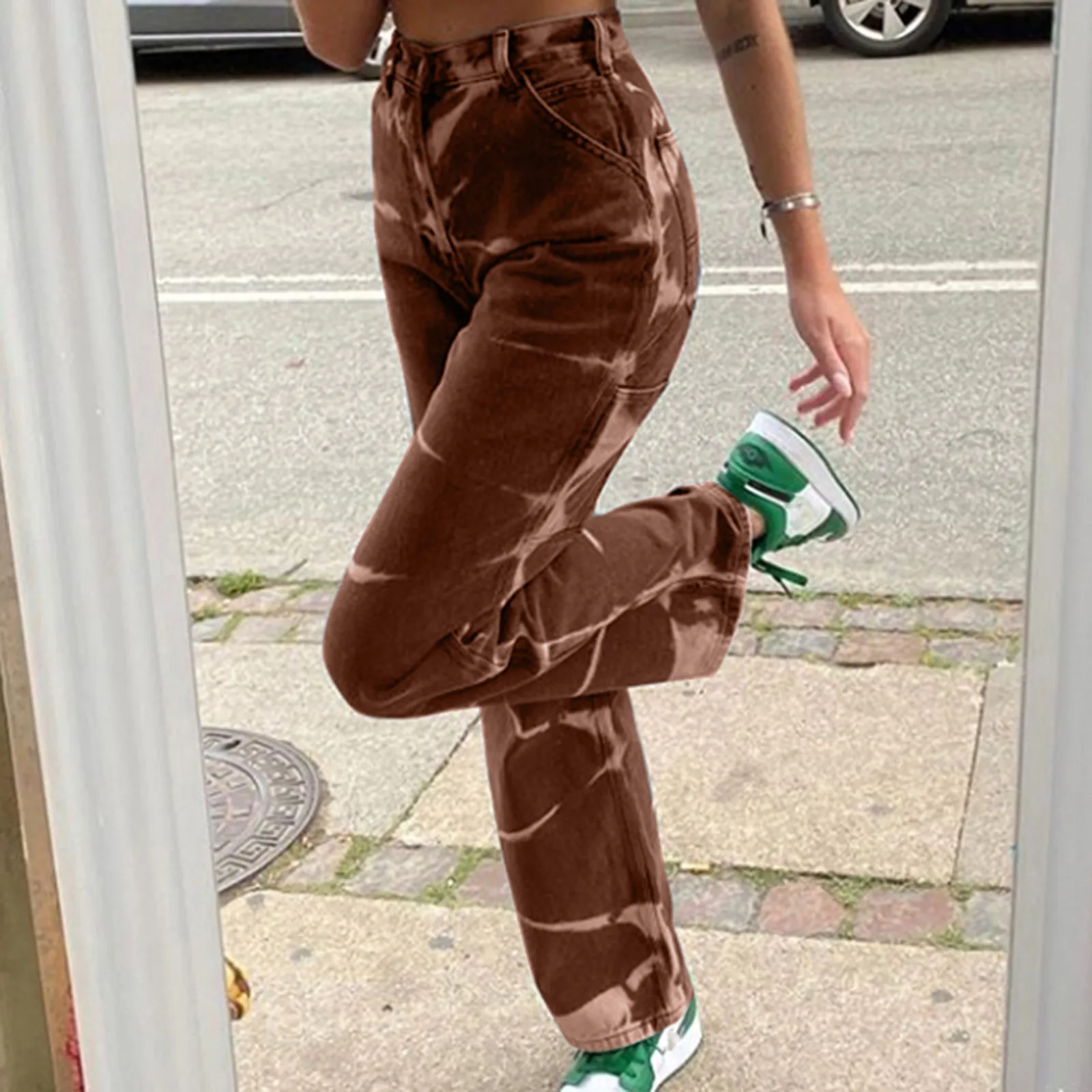 

Women's 2021 New Fashional Cool And High Street Black White Tie-dye Pockets High-Waisted Slimming Straight Jeans Long Trousers