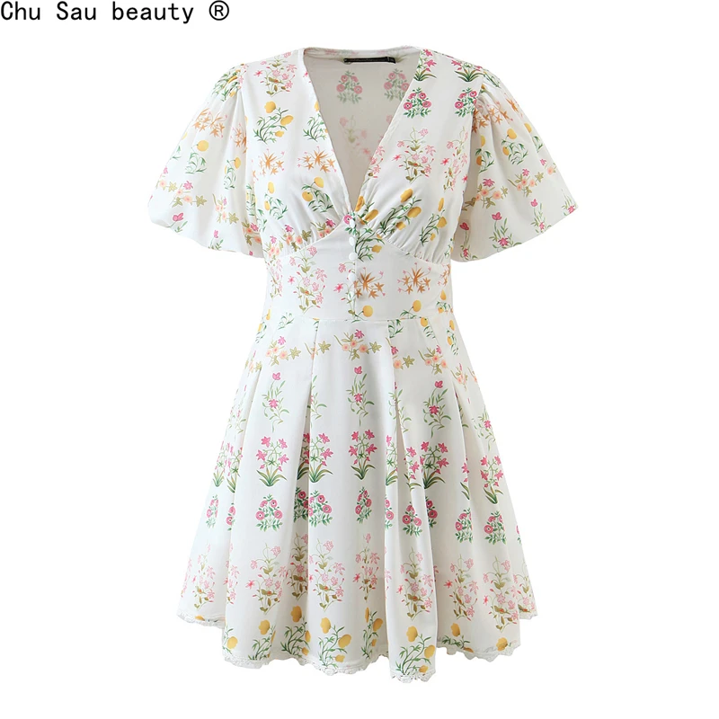 

French 2021 Summer New Pastoral Style V-Neck Button Folds Floral Print Flying Sleeves A-Line Women Dress Pleated Vestiao