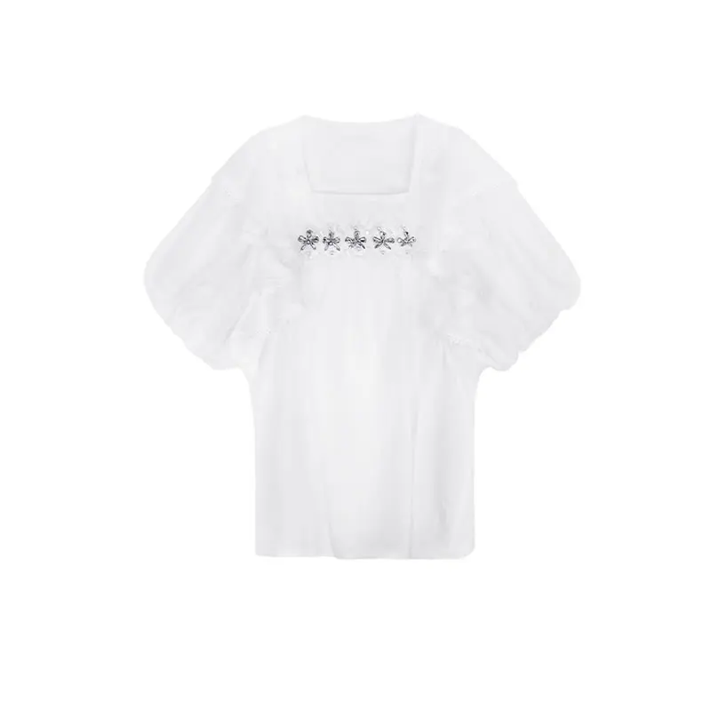 

XITAO Solid White Diamonds Shirt Lace Splicing Square Collar Women Casual Loose Summer New Fashion Temperament All-match WMD0586