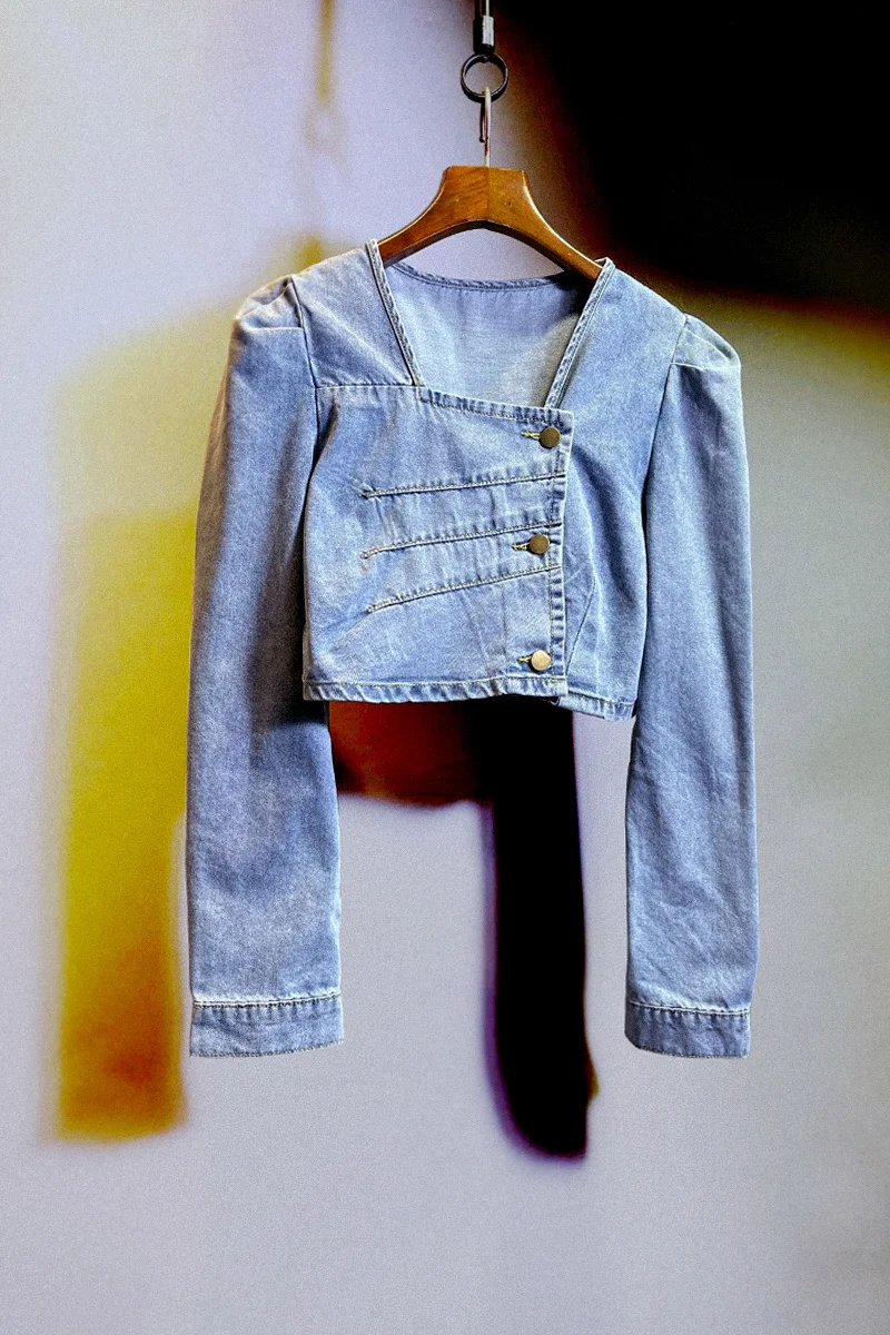 

SHNEGPALAE Streetwear Chic Denim Jacket Women's Autumn 2021 New Square Collar Slim Single Breatsed Long Sleeve Short Jacket