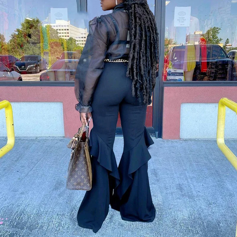 

Fashion See-Through Mesh Blouse Outfits Elegant Office Lady Ruffle Flare Pants Suits Women Bowknot Shirt 2 Piece Sets Streetwear