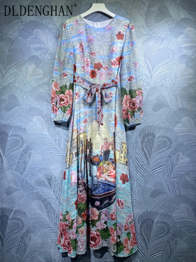 

DLDENGHAN Fashion Runway Designer Autumn Maxi Dress Women O-Neck Lantern Sleeve Belt Flowers Print Vacation Long Dresses